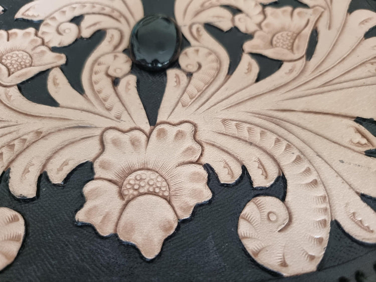 Handcrafted floral tooled leather bag with fringe - boho chic style