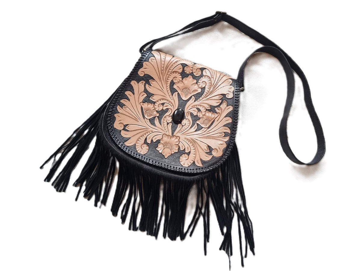 Handcrafted floral tooled leather bag with fringe - boho chic style