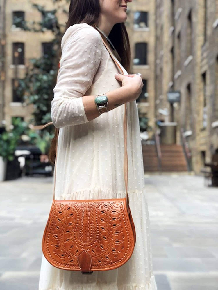 Moroccan Leather Crossbody Bag Floral Cut Out Boho Purse Handmade Berber Shoulder Bag Tan Brown Festival Satchel