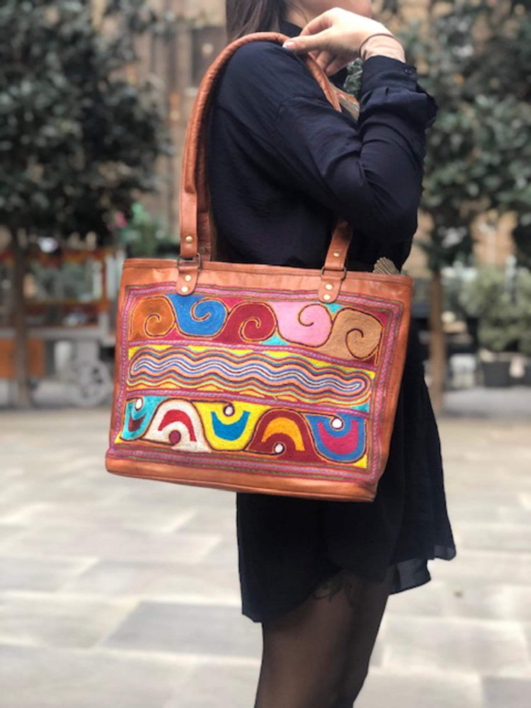 Large unique embroidered leather tote bag - artisan crafted statement purse