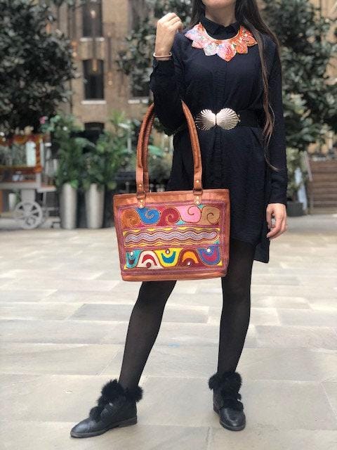 Large unique embroidered leather tote bag - artisan crafted statement purse