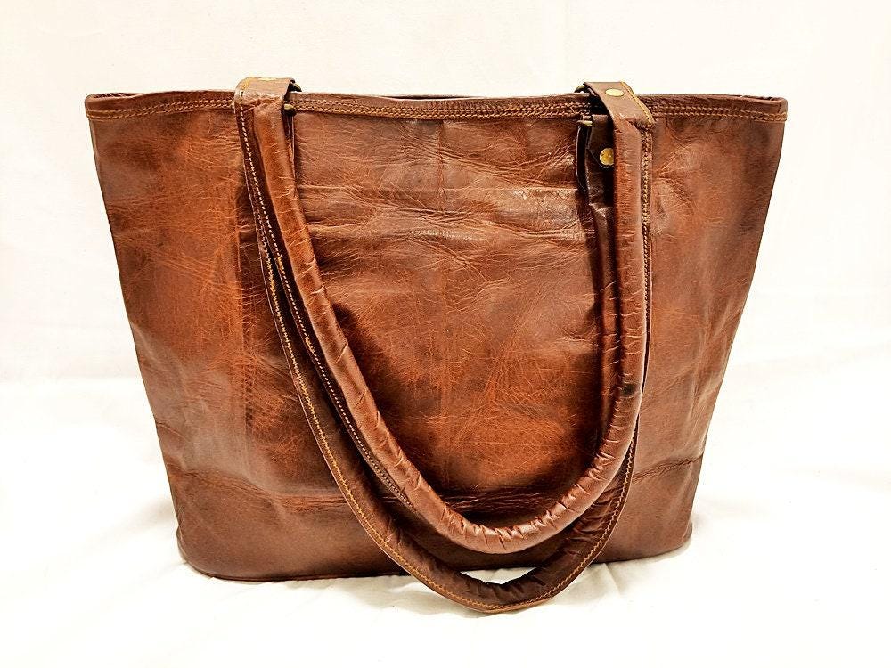 Large unique embroidered leather tote bag - artisan crafted statement purse