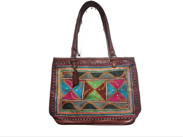 Large unique embroidered leather tote bag - artisan crafted statement purse