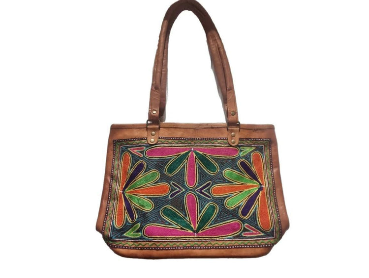 Large unique embroidered leather tote bag - artisan crafted statement purse