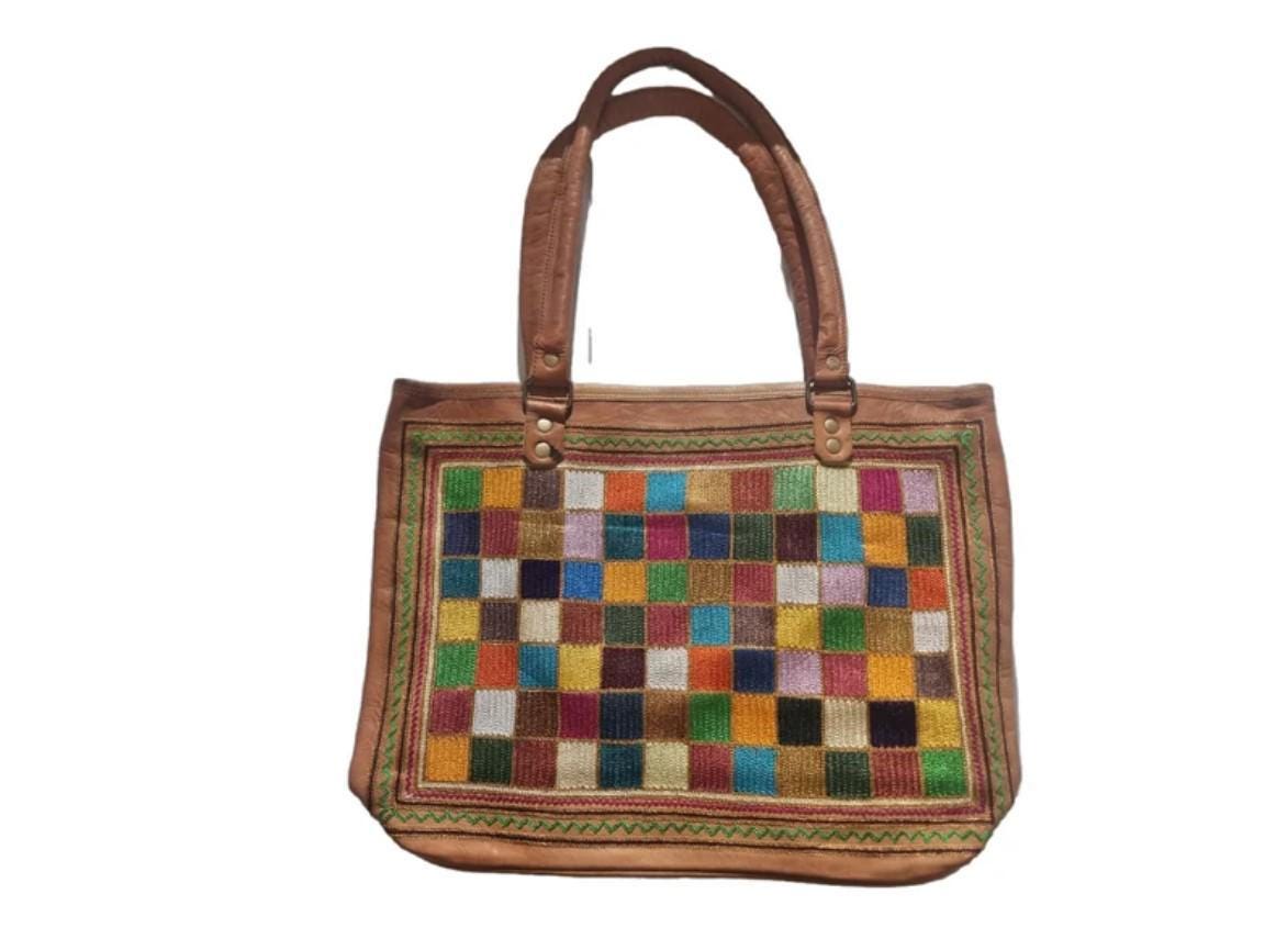 Large unique embroidered leather tote bag - artisan crafted statement purse