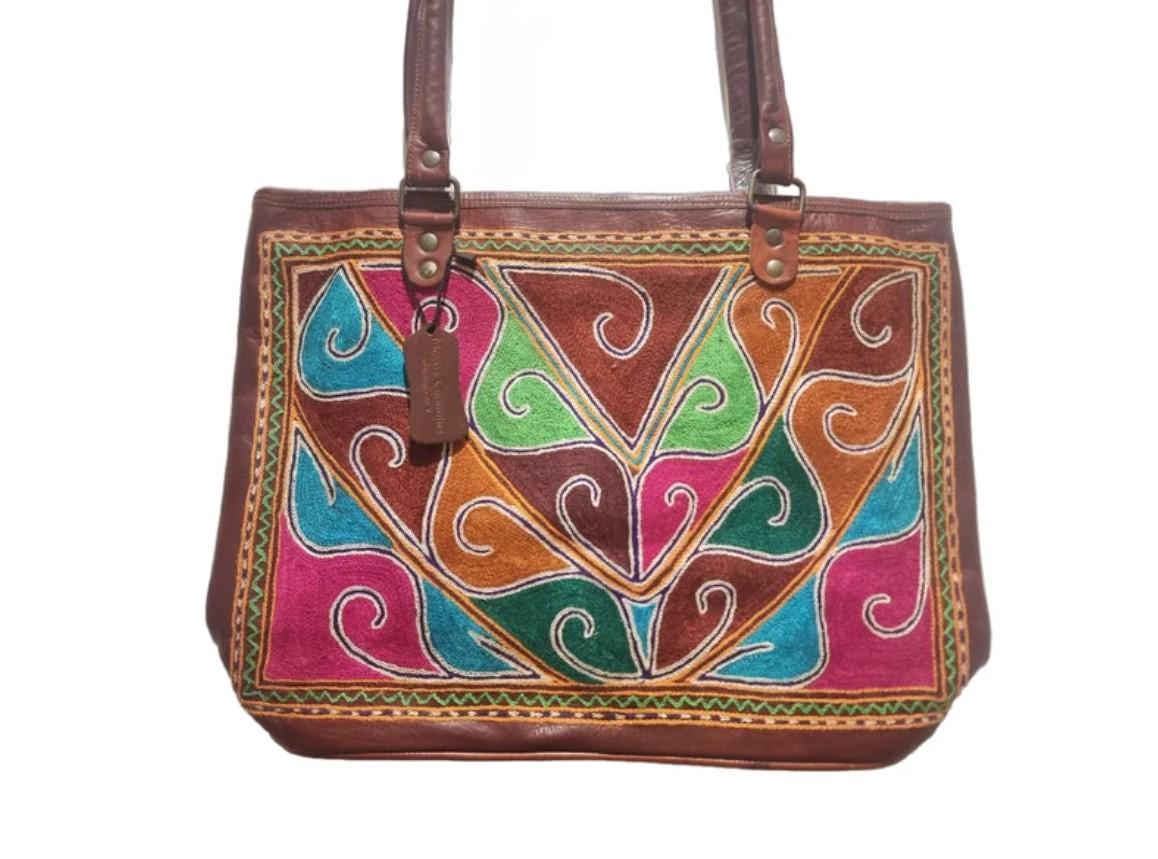 Large unique embroidered leather tote bag - artisan crafted statement purse