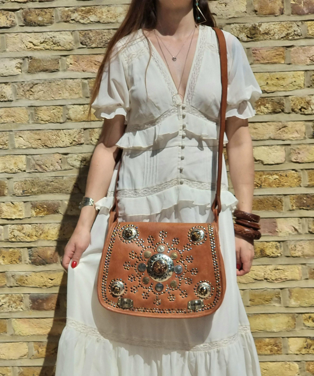 Boho leather bag gypsy coins, vintage leather purse stone, hippie crossbody bag women, genuine leather satchel, moroccan berber, festival