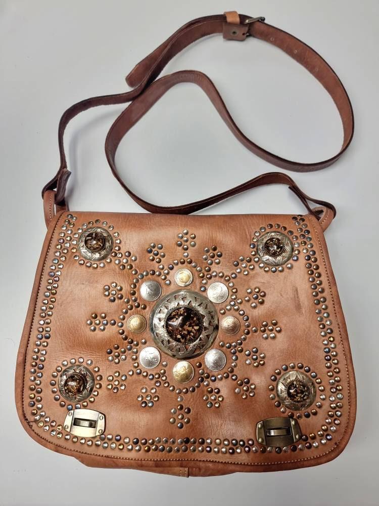 Boho leather bag gypsy coins, vintage leather purse stone, hippie crossbody bag women, genuine leather satchel, moroccan berber, festival