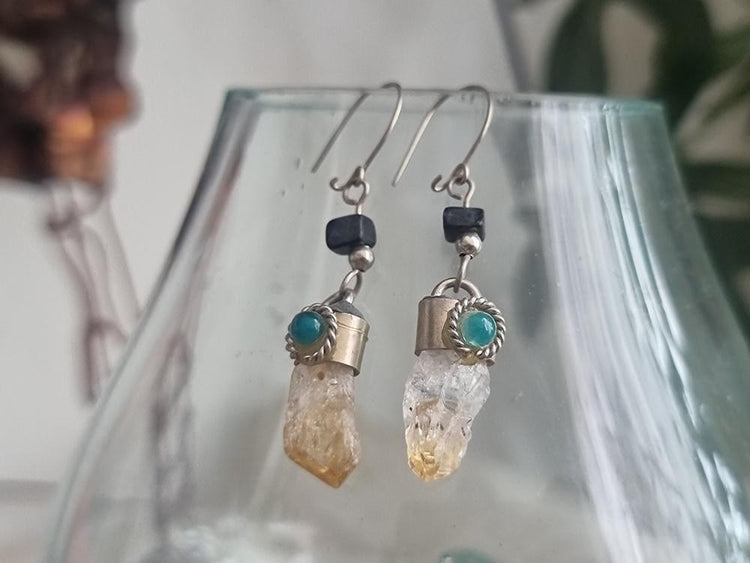 Raw Crystal Gemstone Drop Earrings – Citrine, Jade & Black Onyx Boho Silver Tone Minimalist Earrings, Bohemian Vintage Style Jewelry Gift