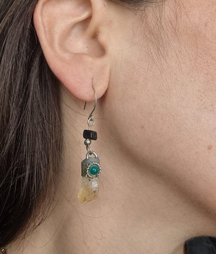 Raw Crystal Gemstone Drop Earrings – Citrine, Jade & Black Onyx Boho Silver Tone Minimalist Earrings, Bohemian Vintage Style Jewelry Gift