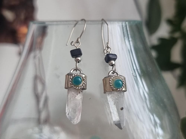 Raw Quartz Crystal Drop Earrings: Onyx & Jade Boho Jewelry