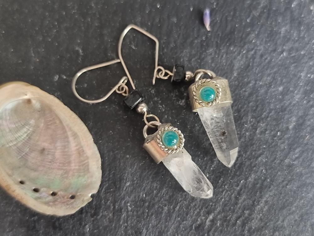 Raw Quartz Crystal Drop Earrings: Onyx & Jade Boho Jewelry