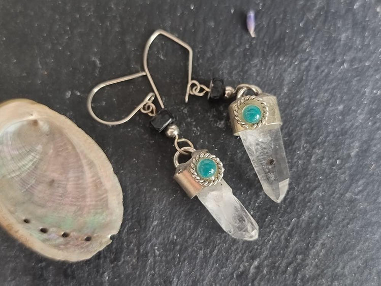 Raw Quartz Crystal Drop Earrings: Onyx & Jade Boho Jewelry