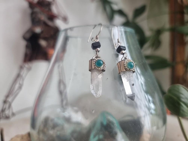 Raw Quartz Crystal Drop Earrings: Onyx & Jade Boho Jewelry