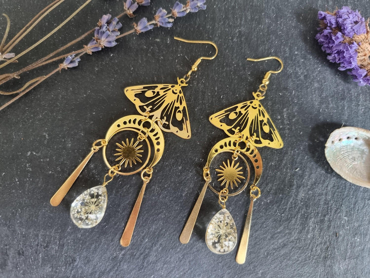 Boho Moonstone Statement Earrings – Gold Dangle Moth Moon Star Earrings, Celestial Boho Jewelry, Gift for Her, Hippie Festival Earrings