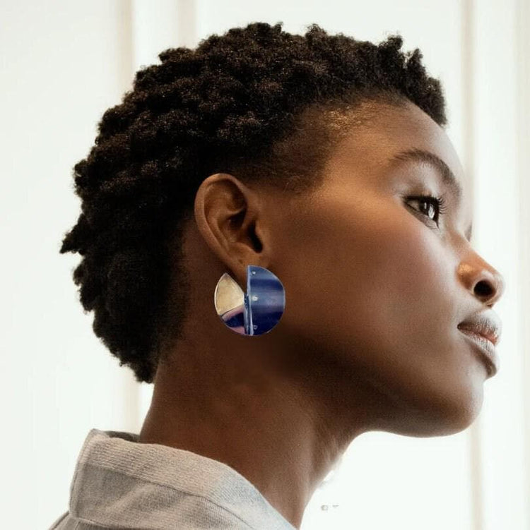 Handmade Boho Art Deco Circle Stud Earrings – Recycled Horn & Gold Brass Ethnic Jewelry, Elegant Geometric Statement Earrings, Gift for Her