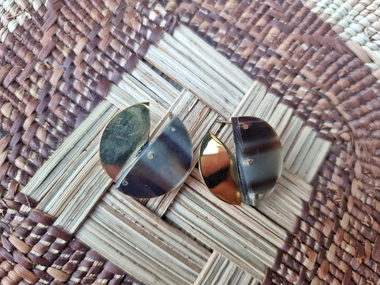 Handmade Boho Art Deco Circle Stud Earrings – Recycled Horn & Gold Brass Ethnic Jewelry, Elegant Geometric Statement Earrings, Gift for Her