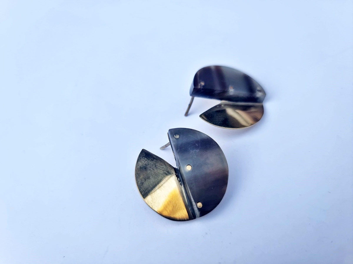 Handmade Boho Art Deco Circle Stud Earrings – Recycled Horn & Gold Brass Ethnic Jewelry, Elegant Geometric Statement Earrings, Gift for Her