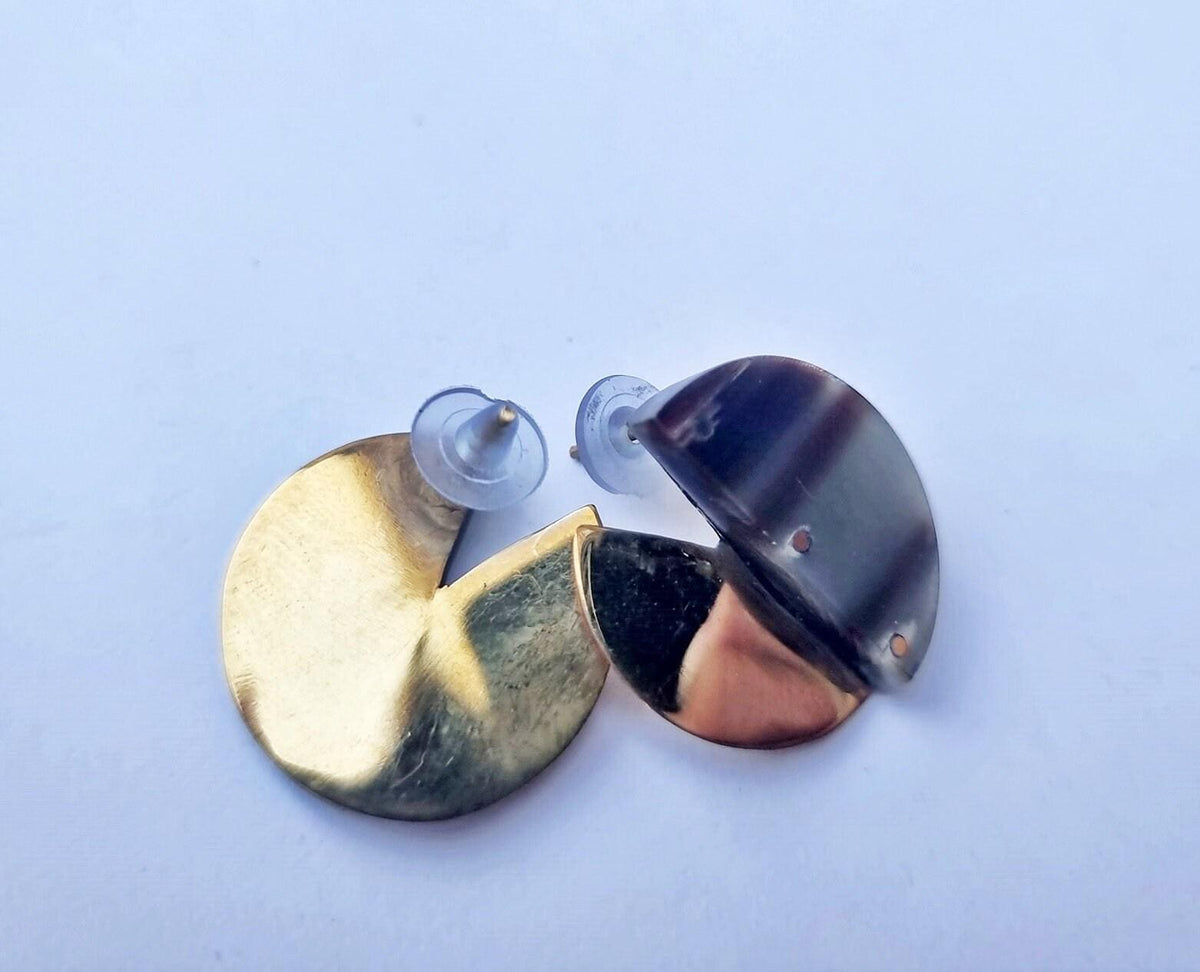 Handmade Boho Art Deco Circle Stud Earrings – Recycled Horn & Gold Brass Ethnic Jewelry, Elegant Geometric Statement Earrings, Gift for Her