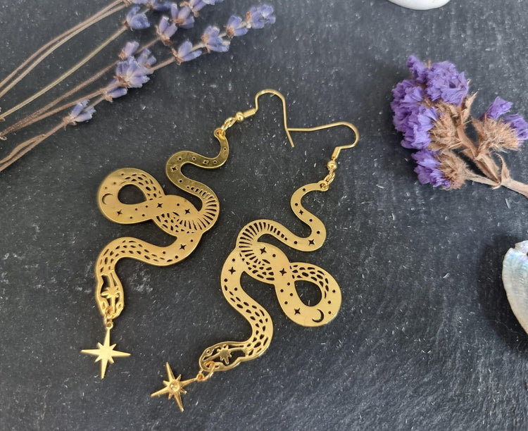 Large Gold Snake Drop Earrings – Celestial Star Statement Jewelry, Boho Wicca Dangle Earrings, Mystical Handmade Gift for Her