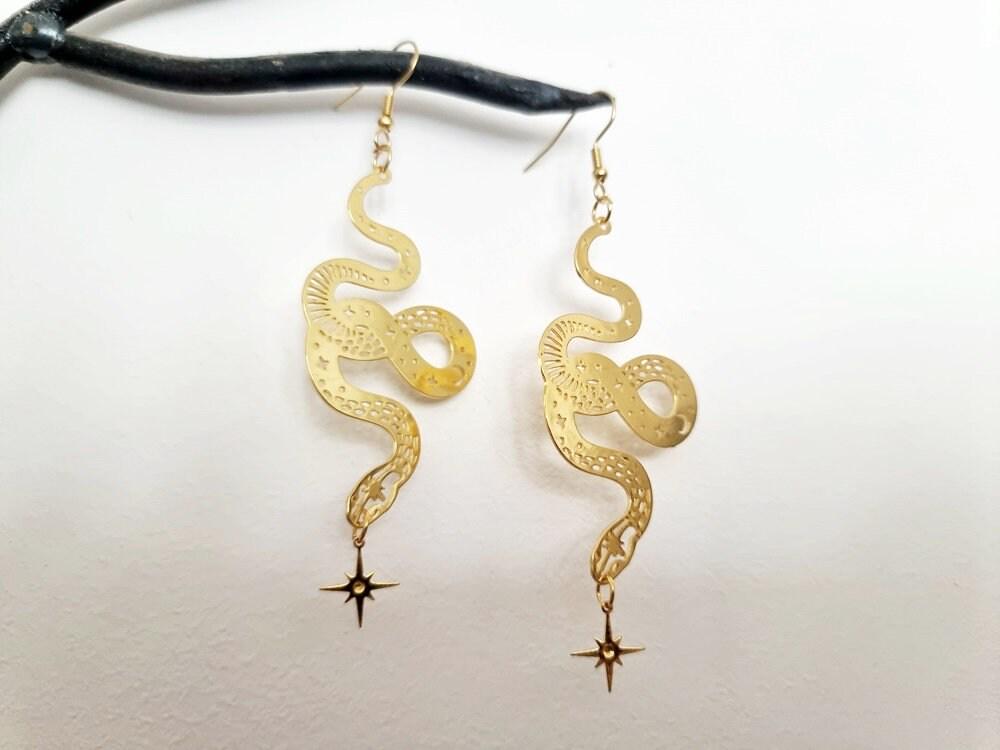 Large Gold Snake Drop Earrings – Celestial Star Statement Jewelry, Boho Wicca Dangle Earrings, Mystical Handmade Gift for Her