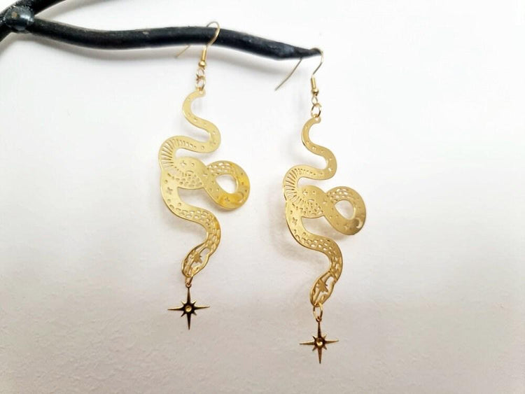 Large Gold Snake Drop Earrings – Celestial Star Statement Jewelry, Boho Wicca Dangle Earrings, Mystical Handmade Gift for Her