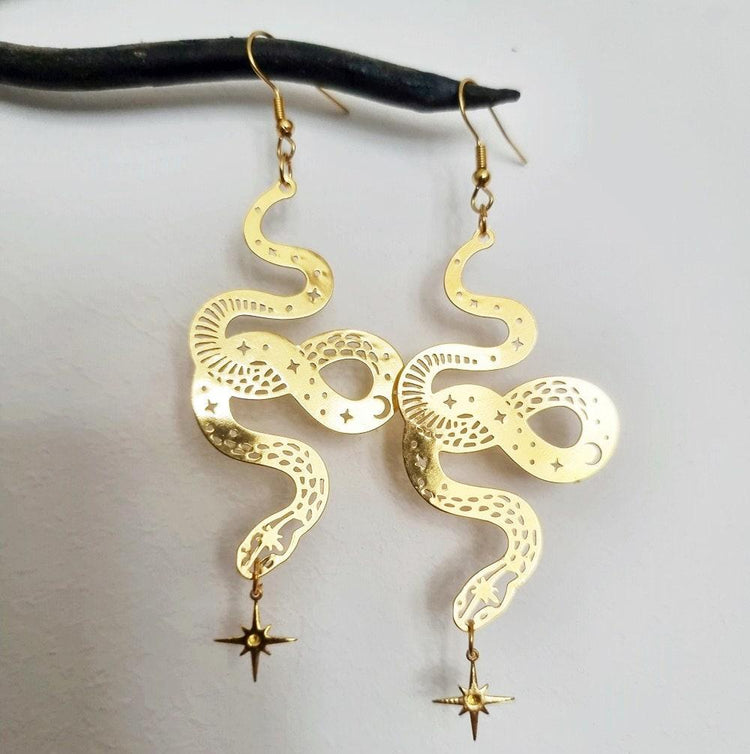 Large Gold Snake Drop Earrings – Celestial Star Statement Jewelry, Boho Wicca Dangle Earrings, Mystical Handmade Gift for Her