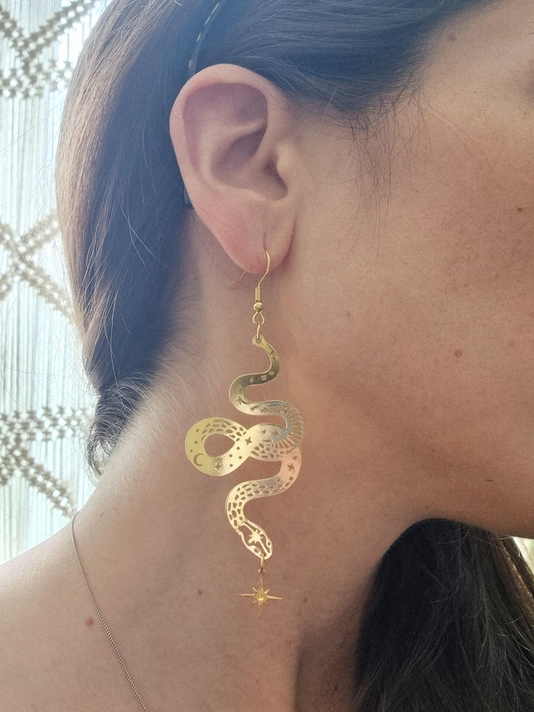 Large Gold Snake Drop Earrings – Celestial Star Statement Jewelry, Boho Wicca Dangle Earrings, Mystical Handmade Gift for Her