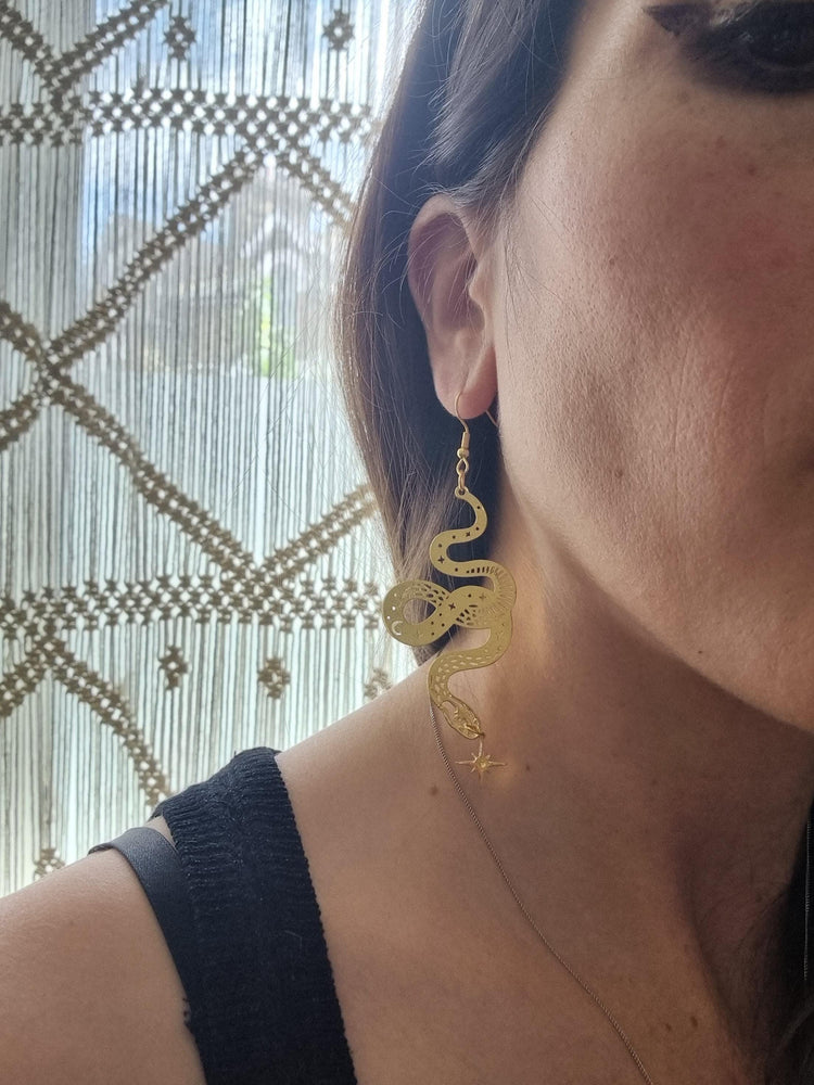 Large Gold Snake Drop Earrings – Celestial Star Statement Jewelry, Boho Wicca Dangle Earrings, Mystical Handmade Gift for Her