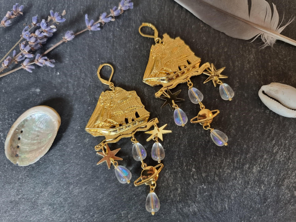 Nautical Ship Earrings with Saturn Planet & Stars – Boho Statement Dangle Earrings, Celestial Travel Jewelry, Gift for Her