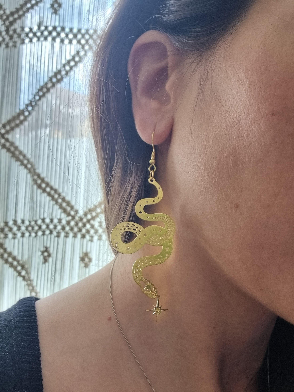 Large Gold Snake Drop Earrings – Celestial Star Statement Jewelry, Boho Wicca Dangle Earrings, Mystical Handmade Gift for Her