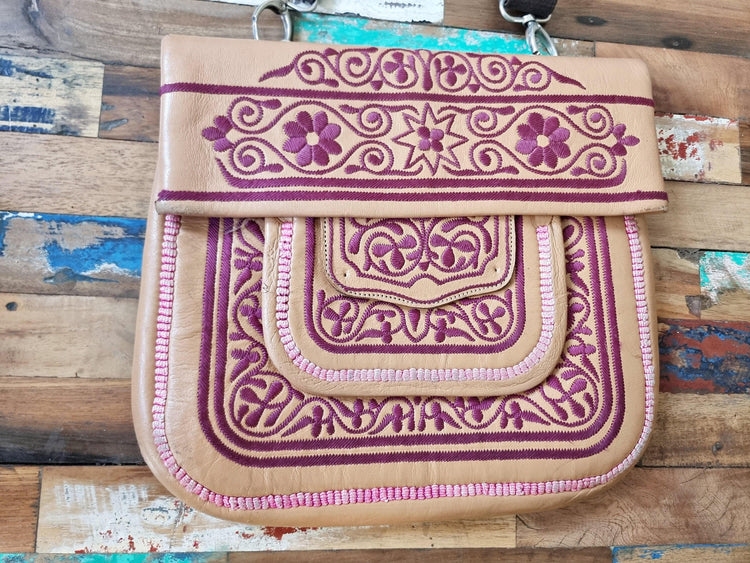 Vintage Moroccan Berber Leather Bag – Embroidered Boho Shoulder Satchel - Festival Purse