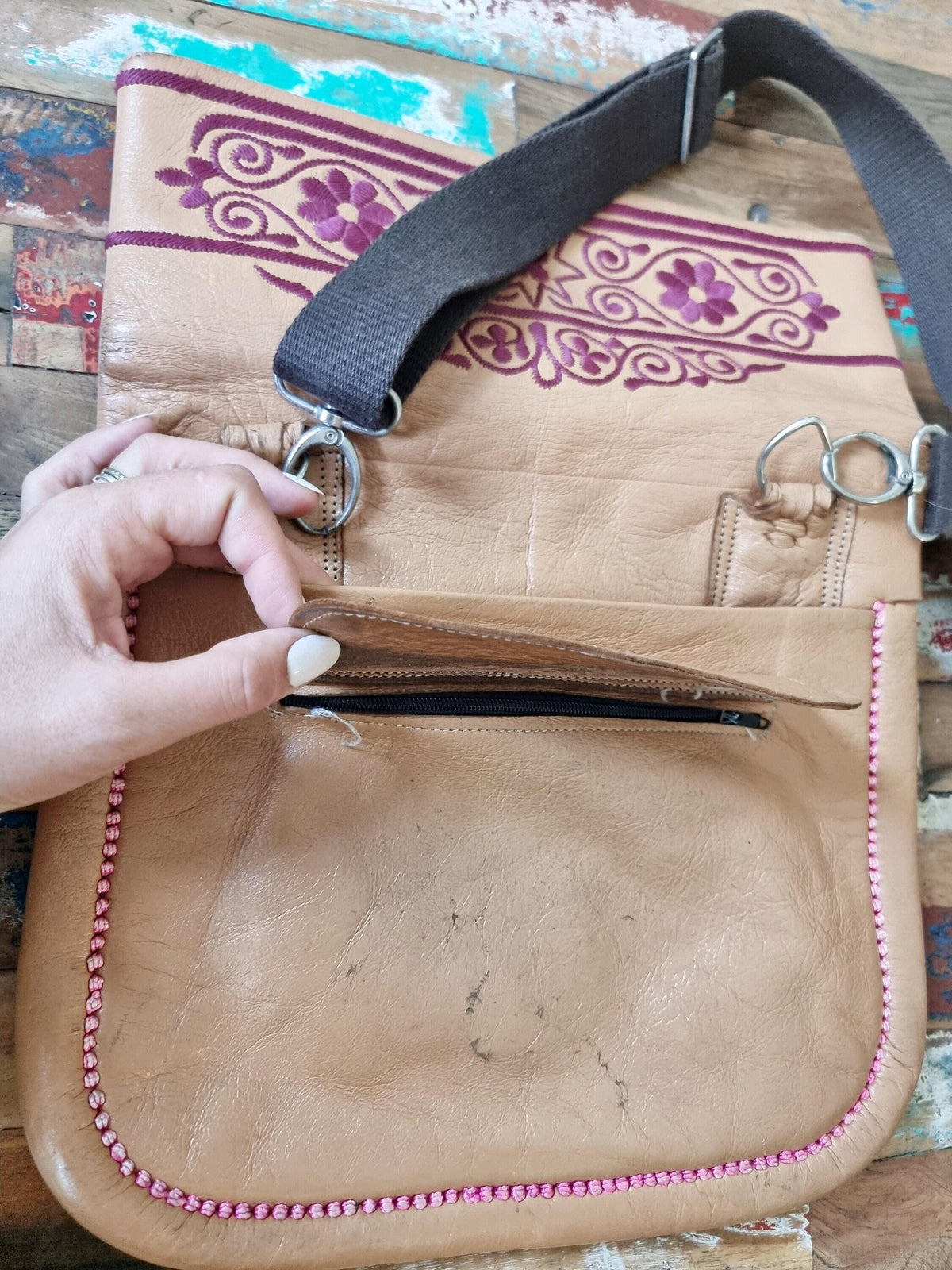 Vintage Moroccan Berber Leather Bag – Embroidered Boho Shoulder Satchel - Festival Purse