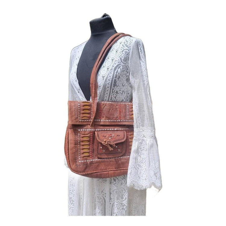 Large Tooled Leather Tote Bag – Handmade Moroccan Boho Shoulder Bag