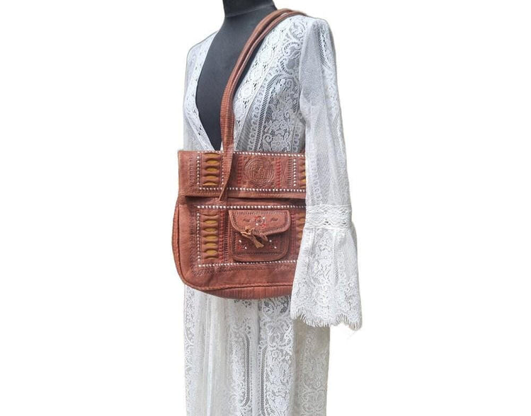 Large Tooled Leather Tote Bag – Handmade Moroccan Boho Shoulder Bag