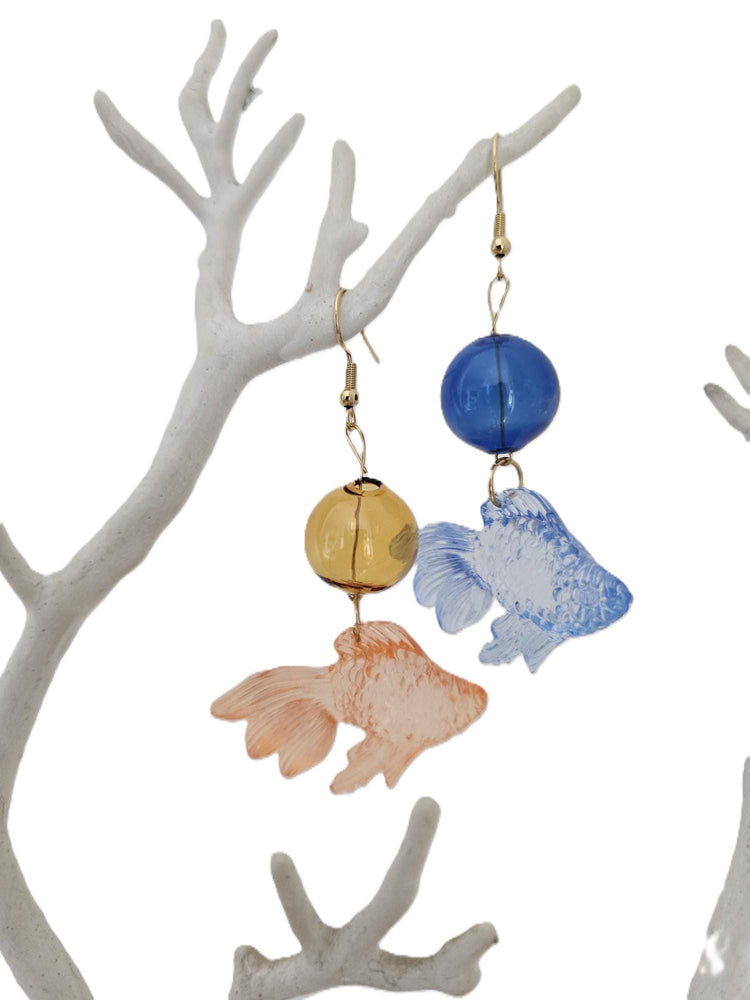 Mismatched Fish Earrings with Glass Bubble - 3D Goldfish Dangle Earrings - Funny Kawaii Jewellery
