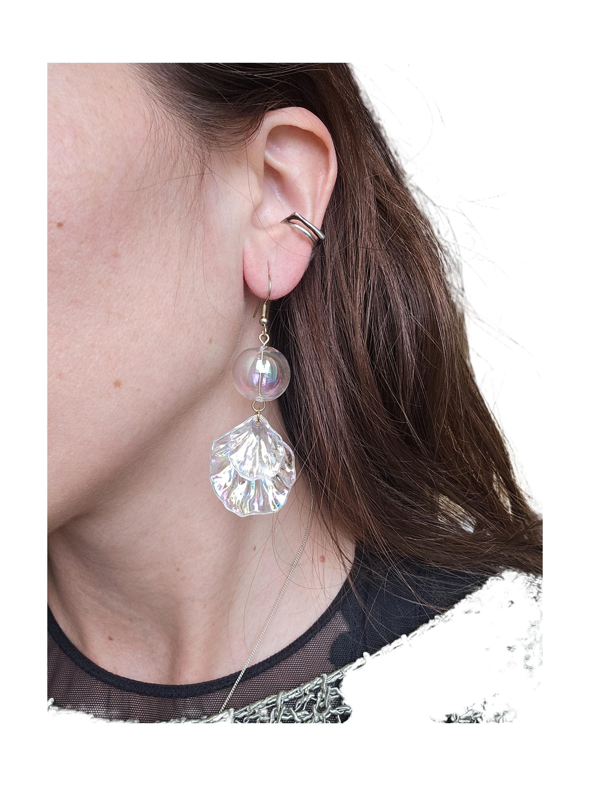 Mermaid Shell Earrings: Hand Blown Glass, Gold Plated - Nautical Jewelry