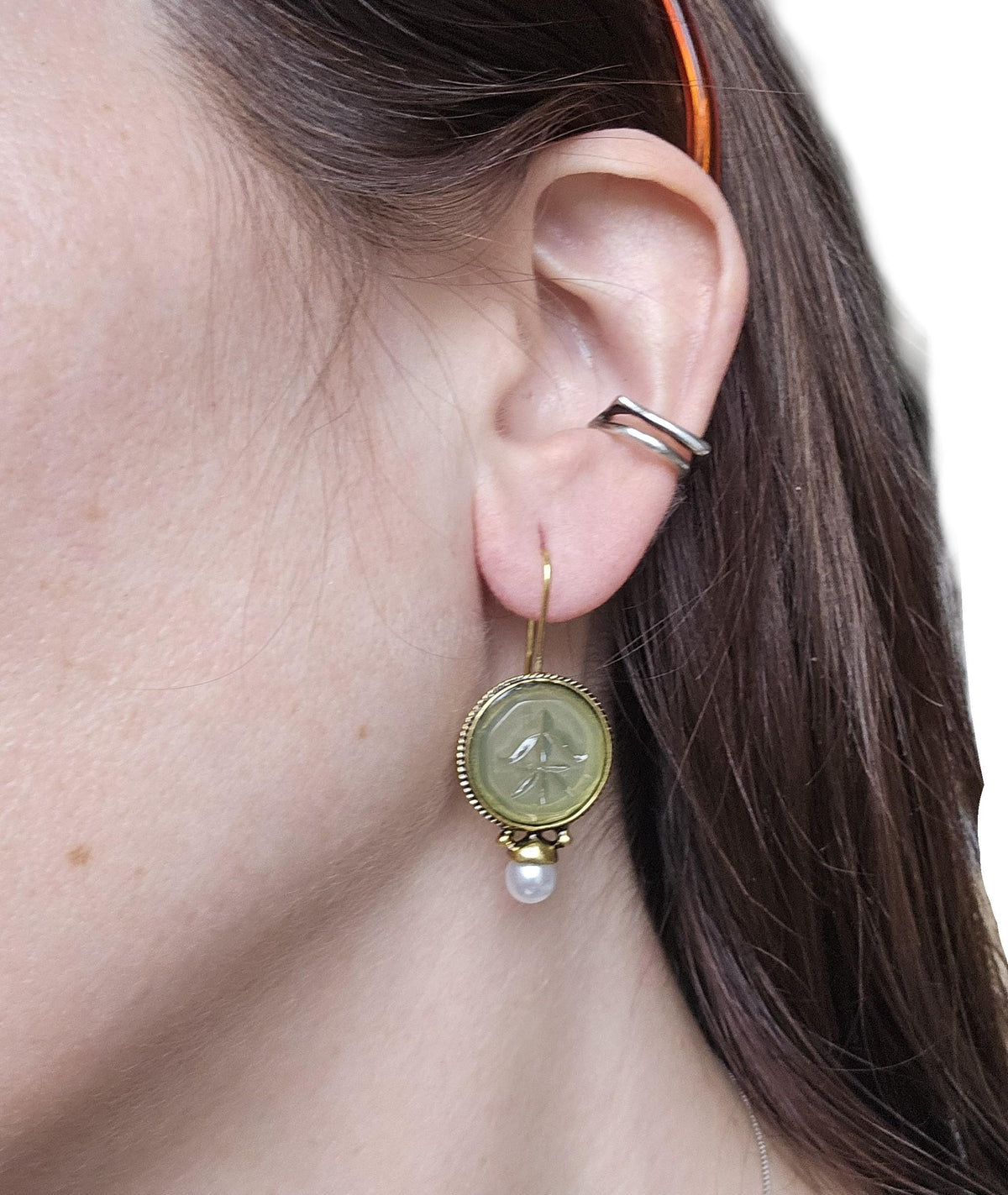 Art Deco Intaglio Earrings: Green Crystal, Faux Pearl, Brass Dangles