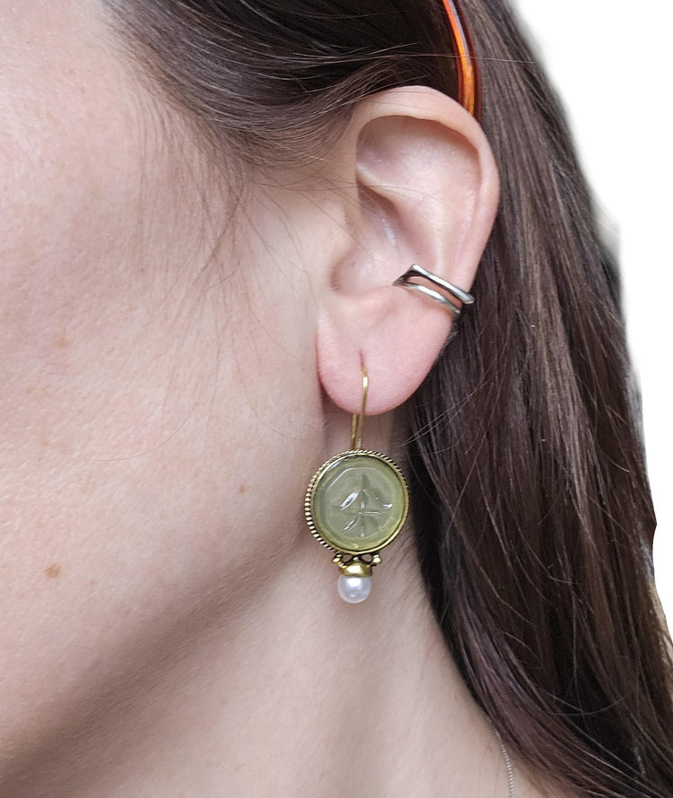 Art Deco Intaglio Earrings: Green Crystal, Faux Pearl, Brass Dangles