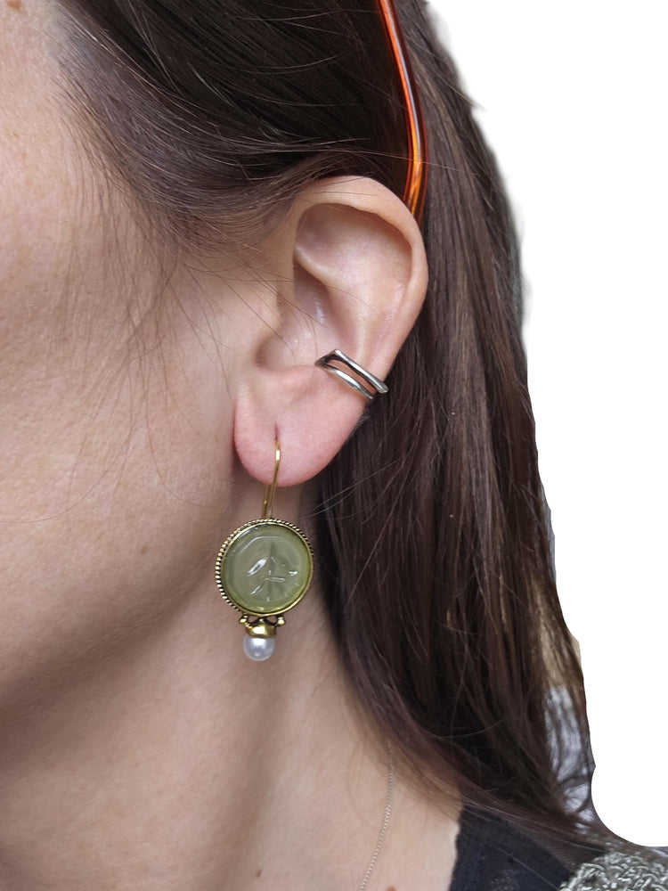 Art Deco Intaglio Earrings: Green Crystal, Faux Pearl, Brass Dangles