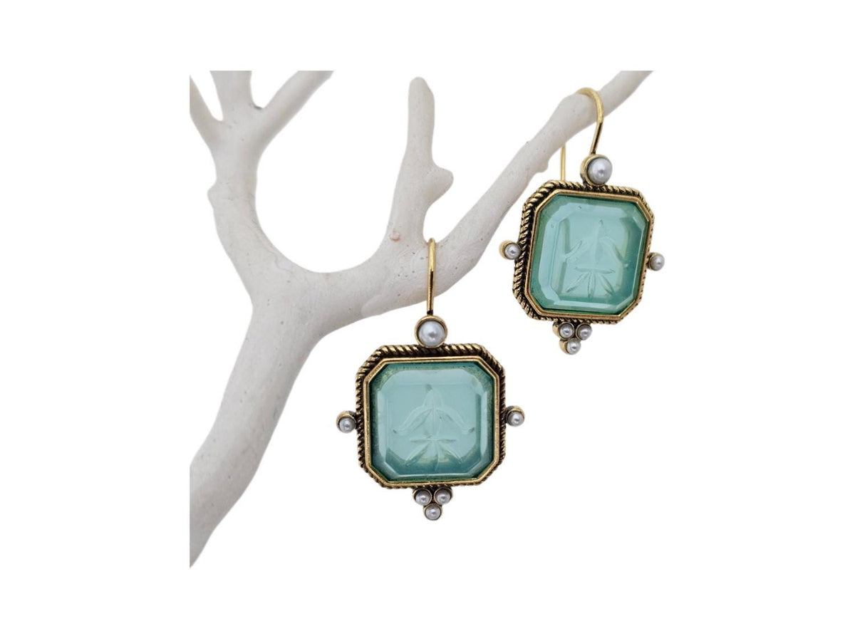 Intaglio Crystal Drop Earrings: Vintage Pearl, Brass, Art Deco