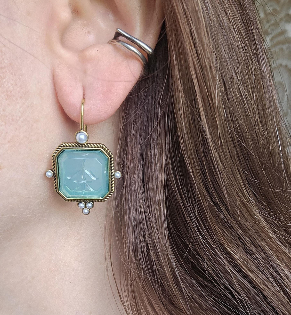 Intaglio Crystal Drop Earrings: Vintage Pearl, Brass, Art Deco
