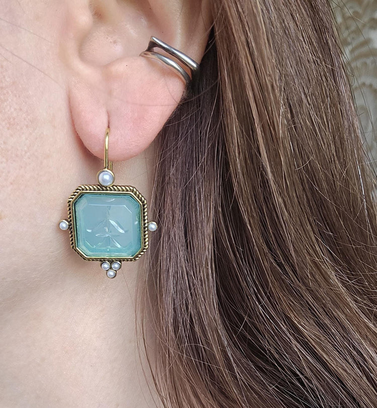Intaglio Crystal Drop Earrings: Vintage Pearl, Brass, Art Deco