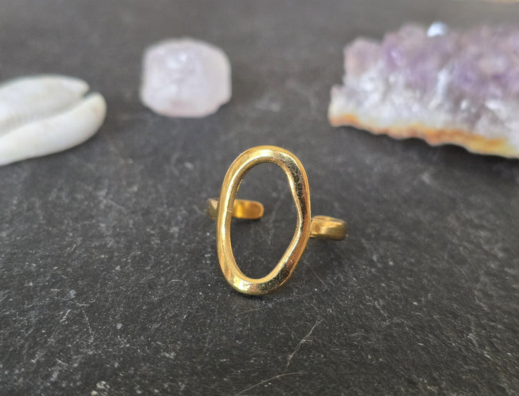 Adjustable Gold Geometric Statement Ring: Hollow Oval Boho Jewelry