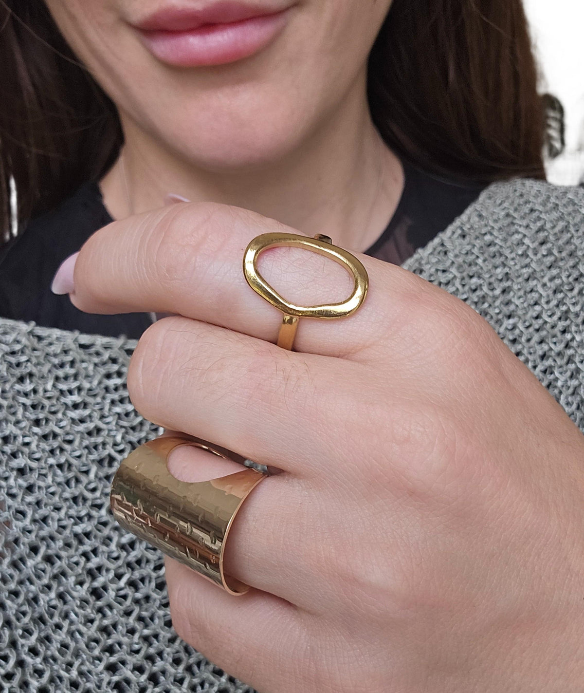 Adjustable Gold Geometric Statement Ring: Hollow Oval Boho Jewelry