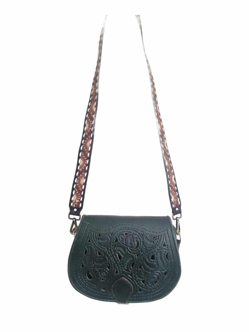 Western Sunflower Leather Bag Strap, Tooled Floral Replacement Purse Strap, Detachable Boho Shoulder Strap, Camera Strap