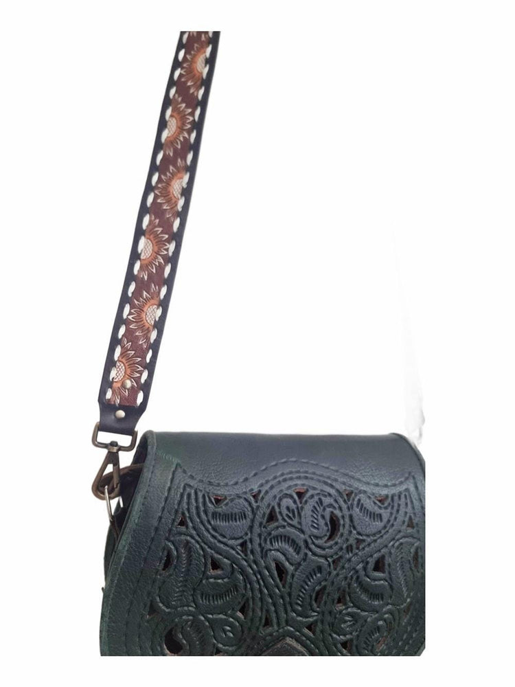 Western Sunflower Leather Bag Strap, Tooled Floral Replacement Purse Strap, Detachable Boho Shoulder Strap, Camera Strap
