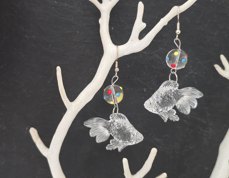3D Goldfish Earrings with Glass Bead, Cute Japanese Kawaii Fish Jewellery, Quirky Handmade Animal Drop Earrings, Unique Gift