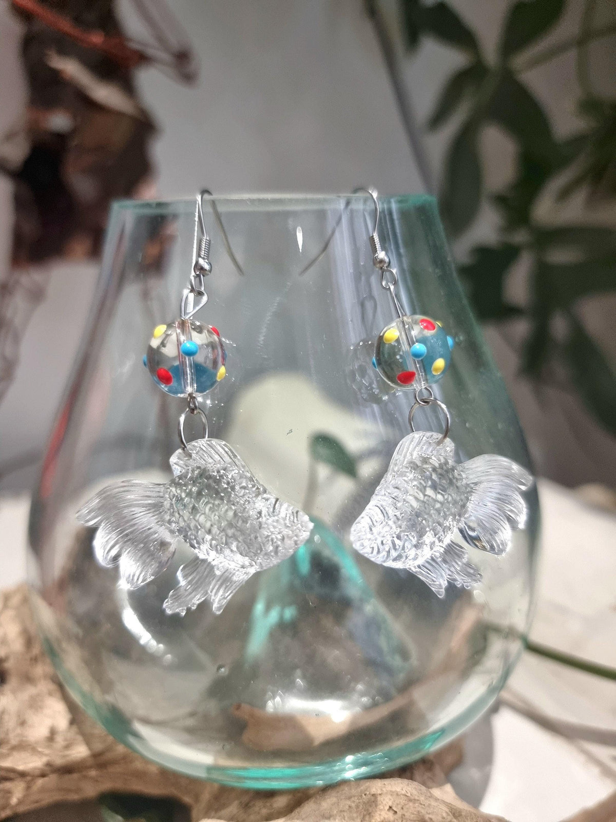 3D Goldfish Earrings with Glass Bead, Cute Japanese Kawaii Fish Jewellery, Quirky Handmade Animal Drop Earrings, Unique Gift