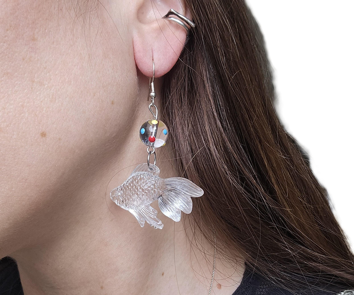 3D Goldfish Earrings with Glass Bead, Cute Japanese Kawaii Fish Jewellery, Quirky Handmade Animal Drop Earrings, Unique Gift